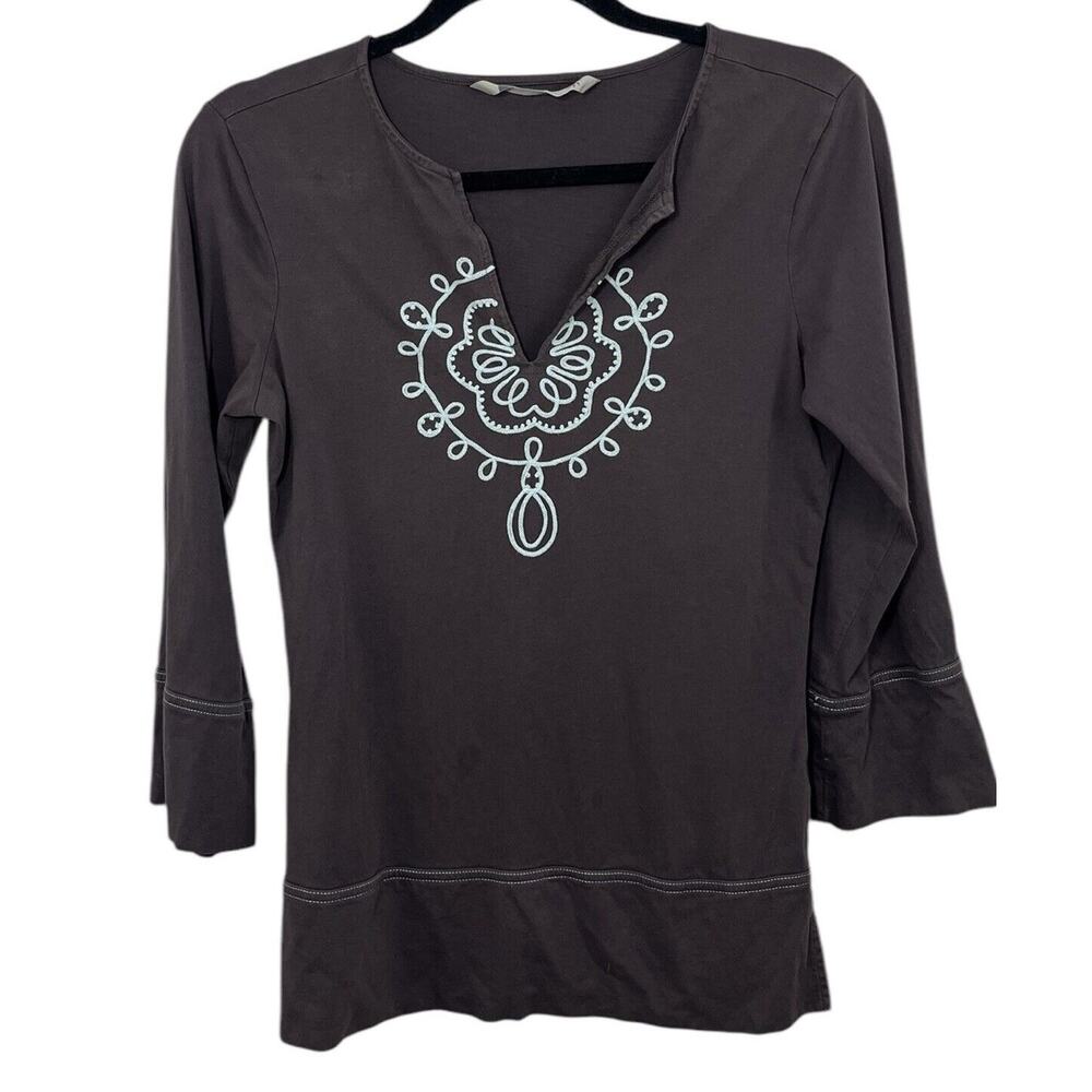 Athleta Top Notch V-Neck Small Embroidered 3/4 Sleeve Jersey Cotton Brown Boho